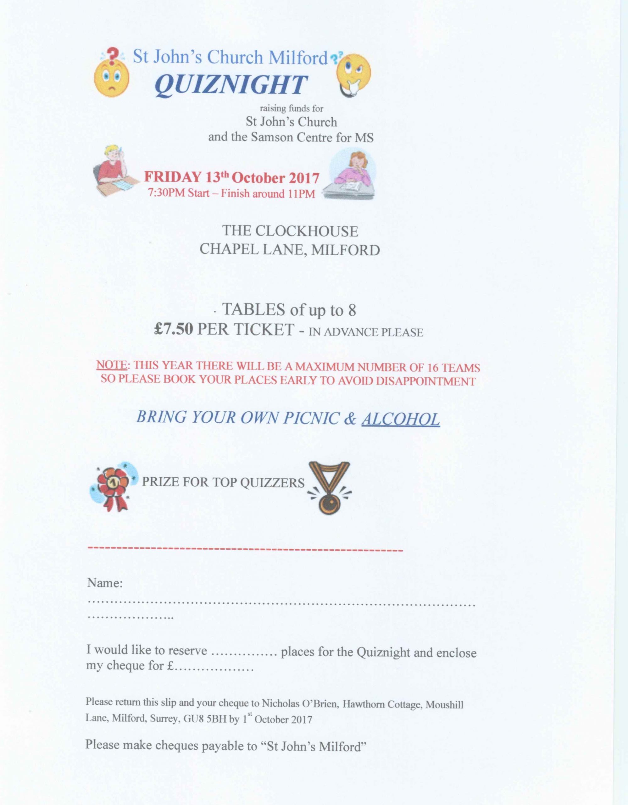 Quiz Night at the Clockhouse Milford The Samson Centre for Multiple